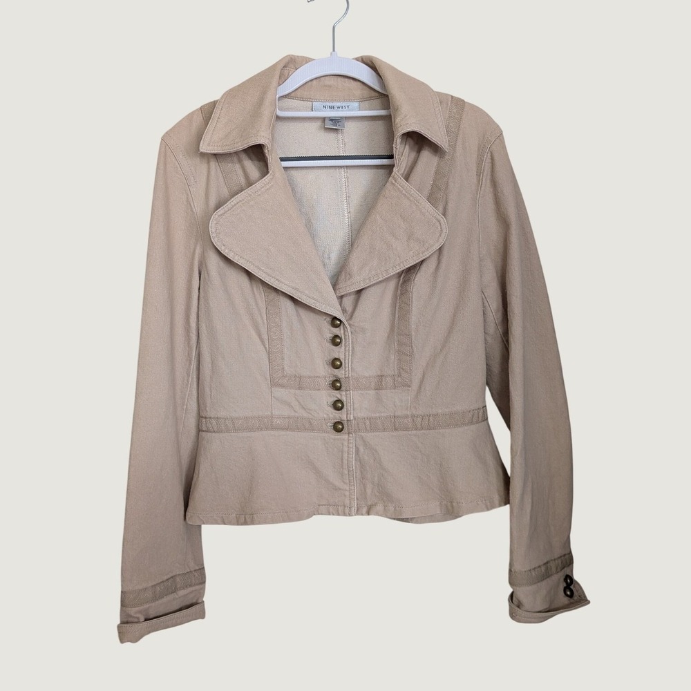 Nine West Tan Beige Cotton Twill Victorian Peplum Military Jacket Size 8
